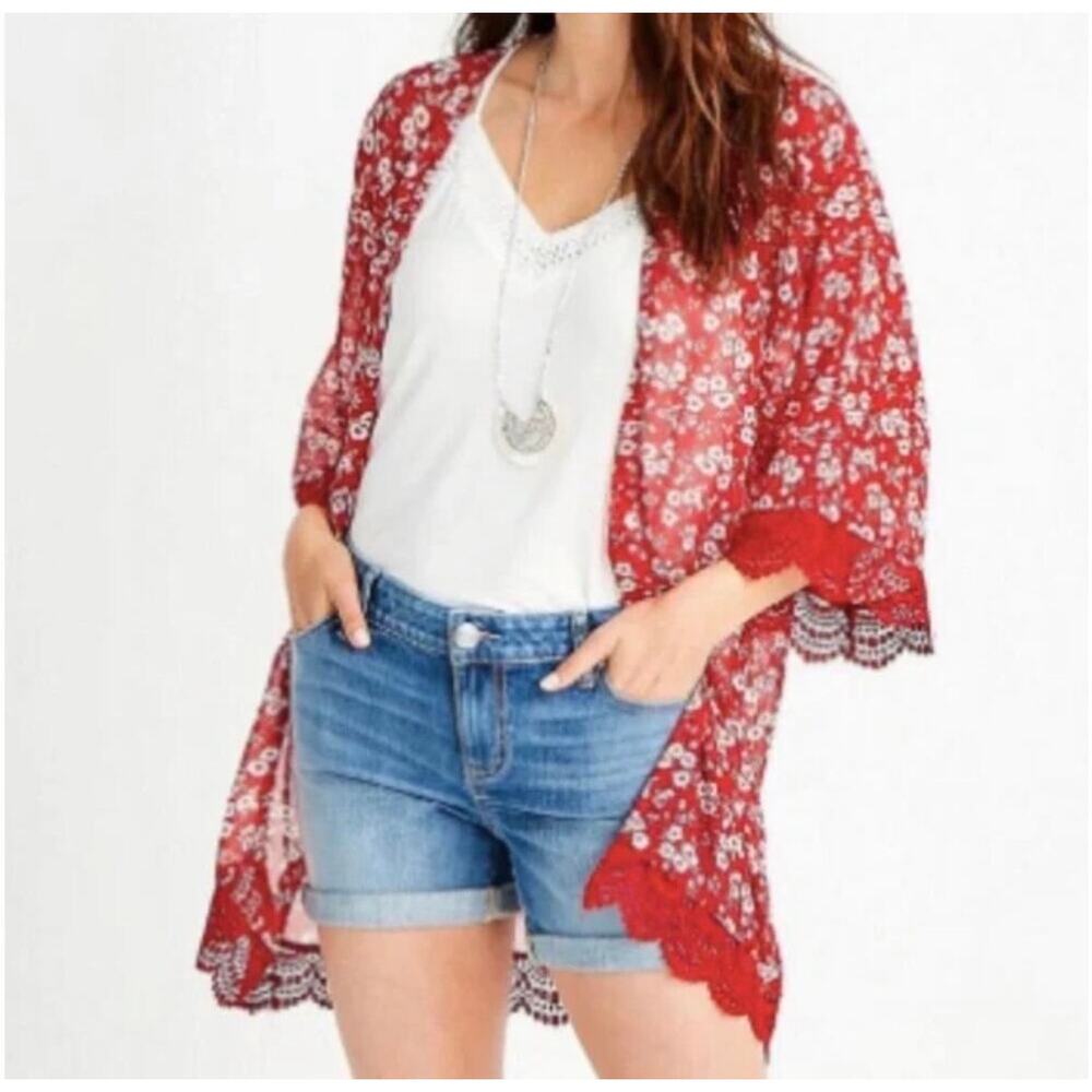 Red White Floral Boho Flowy Kimono Cardigan Lace Trim Layering Piece Size 3